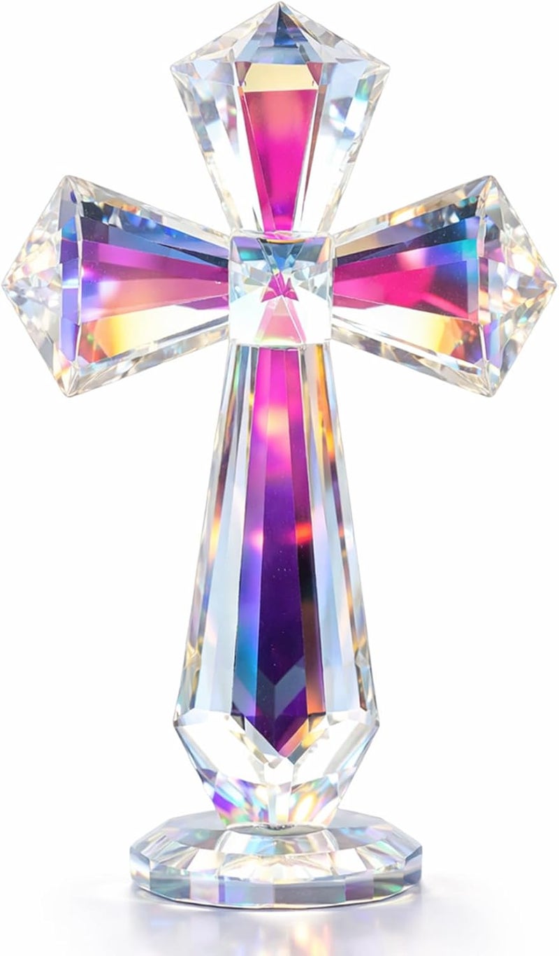 Rotroyce Hand-Carved Crystal Cross Desk Decor - 6 Inch Spiritual Gift for Christians, Clear K9 Crystal Religious Figurine with 360° Faceted Design, Home Altar & Office Inspirational Ornament (Multi-Colored) - Image 1